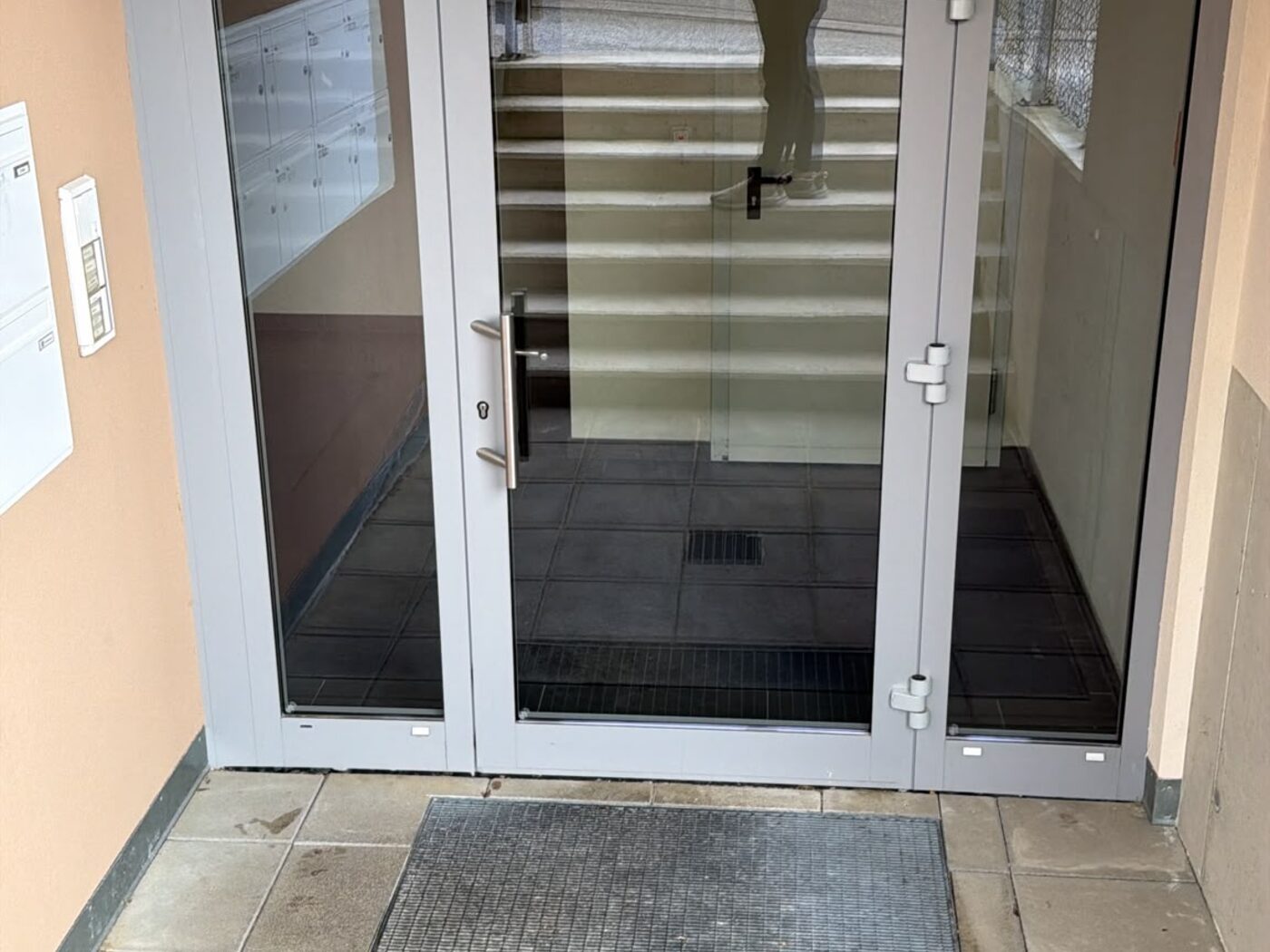 Neuer Hauseingang mit Glastür und Blick auf das Stiegenhaus