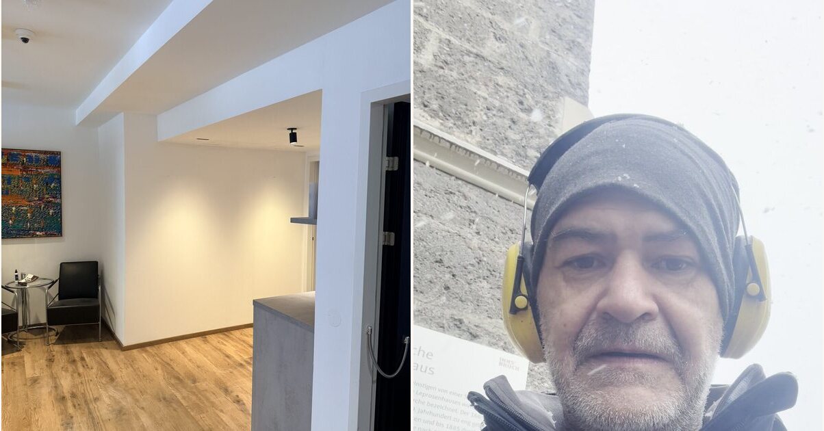 A split image: a finished flat on the left, Michael Switak on site on the right